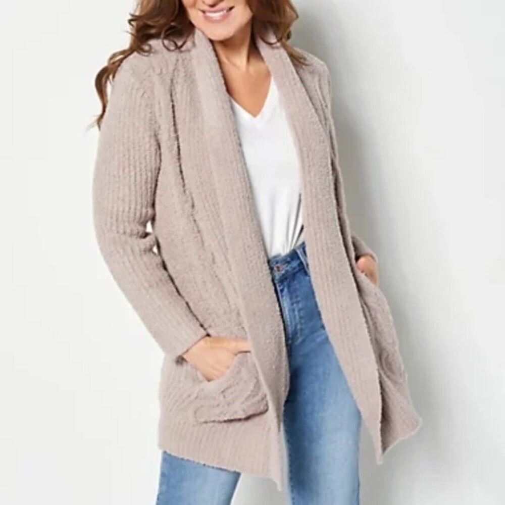 Barefoot Dreams Cozychic Cabin Cable Cardigan Tan Taupe Pockets Medium EUC